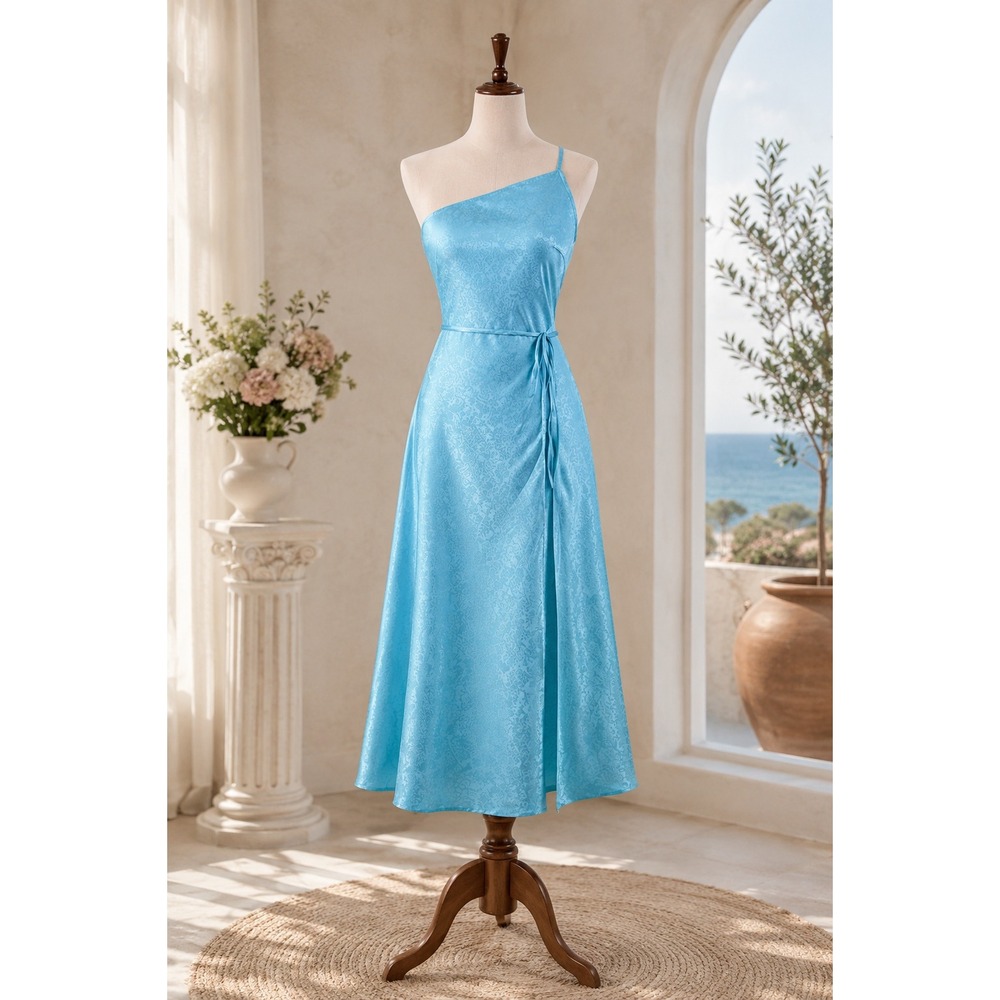 Lulu's Blue Floral Satin Jacquard One Shoulder Midi Dress Large NWT Formal Party